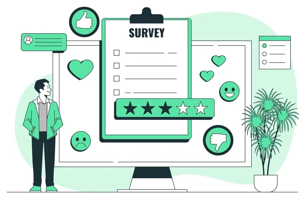 Diagram illustrating survey design concepts, featuring essential exit questions to enhance customer understanding and business growth.