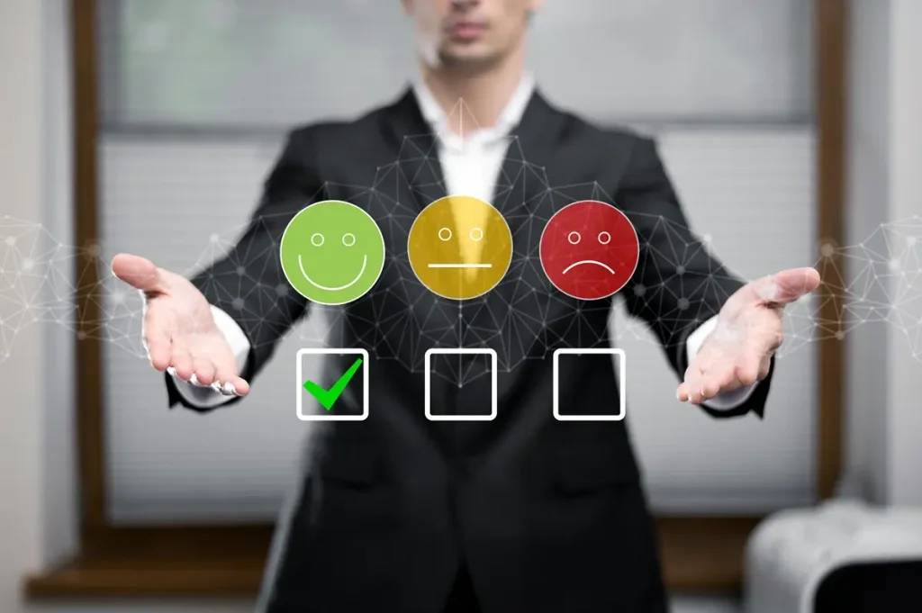 A man in a suit displays a smiley face and a check mark, symbolizing positive customer satisfaction feedback.