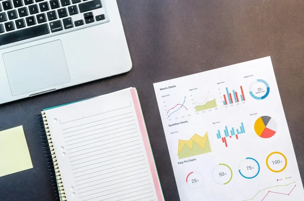 Business statistics and graphs arranged on a desk, featuring a survey labeled "How Did You Hear About Us."